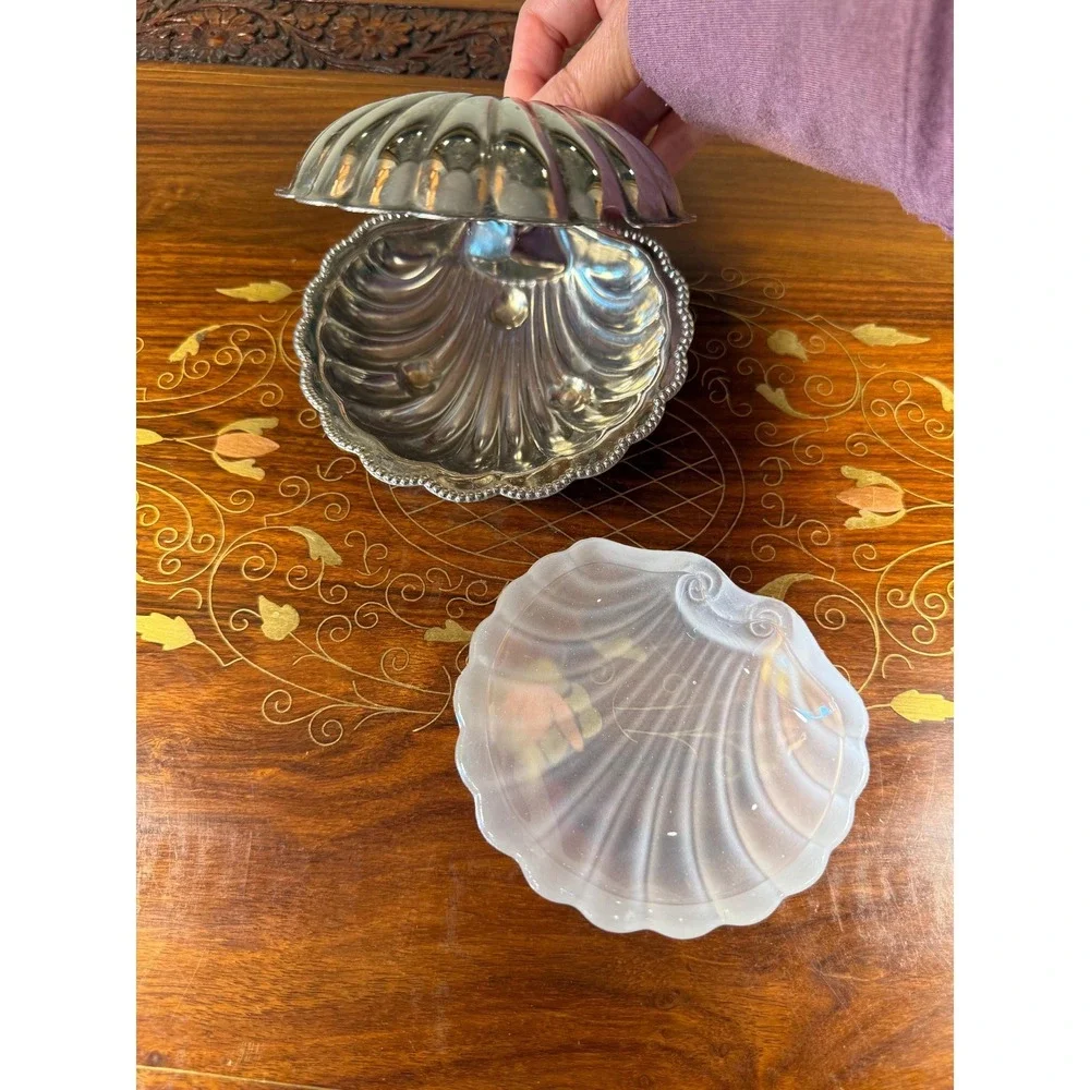 Vintage Clamshell Butter Dish • E&JL Silver Plate Server w/ Frosted Glass Insert